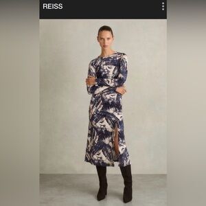 Reiss Artistic Blue and Cream Long Sleeve Dress Sz MNew with tags